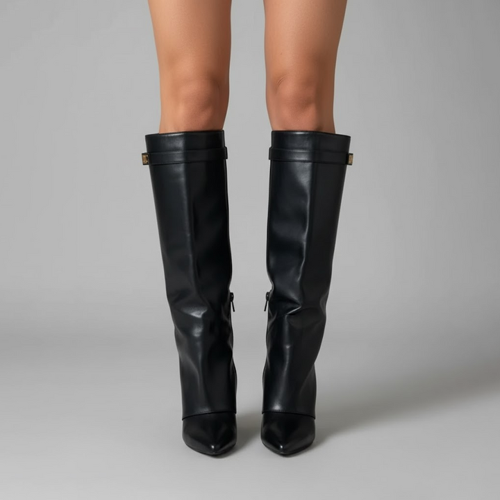Women's winter thigh-high boots in supple beige leather, adorned with a buckle.