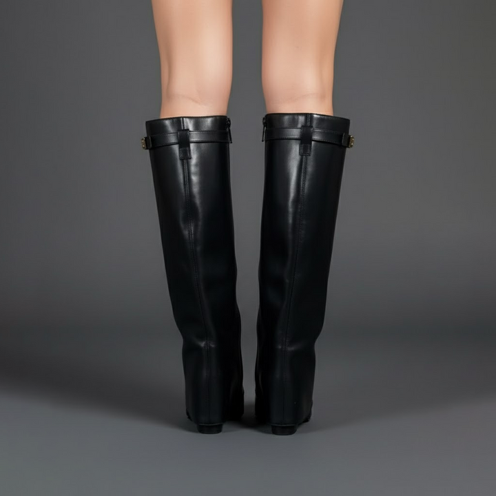 Luxurious women's leather thigh-high boots, black, featuring an adjustable buckle.