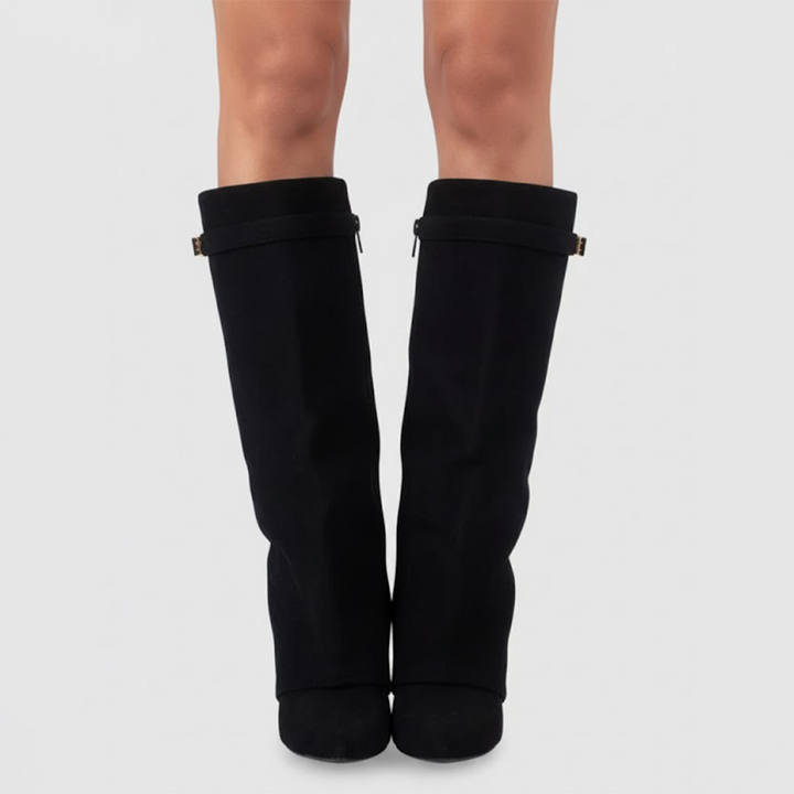 Stylish women's beige suede thigh-high boots featuring decorative side buckle closures.