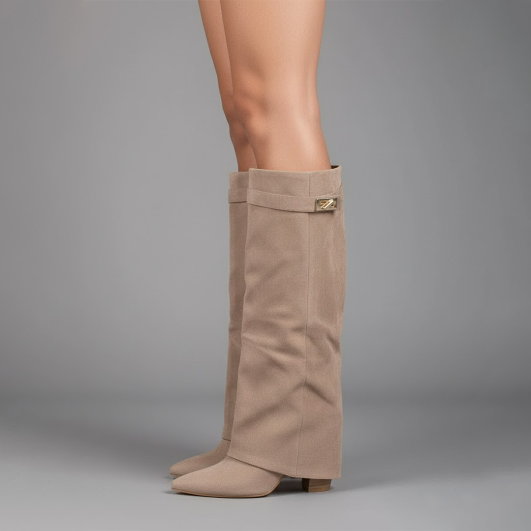 Elegant women's beige leather thigh-high boots, perfect for winter and fashion styling.