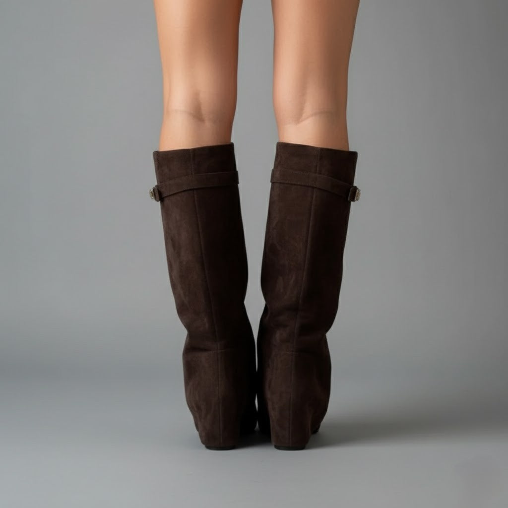 Full-length shot of women's black leather thigh-high boots with prominent buckle detail.
