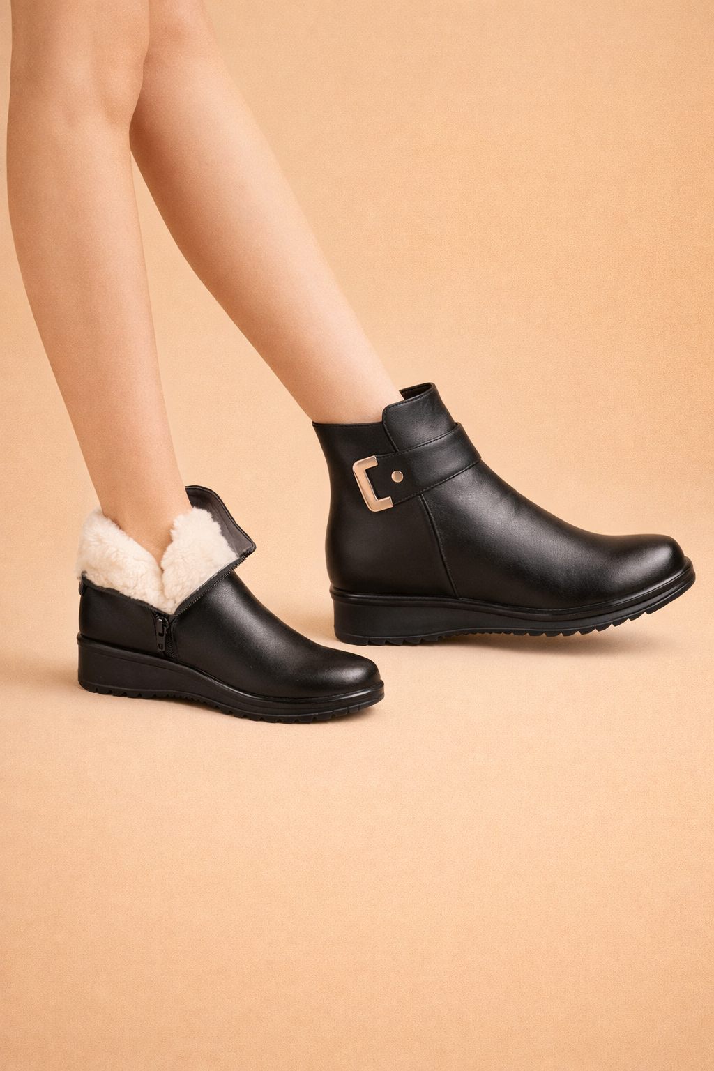 Stylish black women's winter boots with secure non-slip sole. Cozy & comfortable everyday wear footwear with low heel.