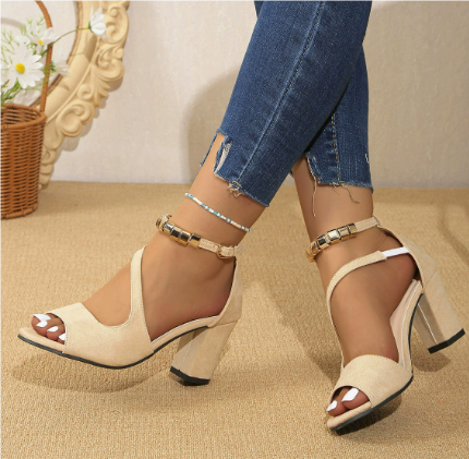 Women's black open toe block heels with adjustable ankle strap, side view, new fashion sandals.