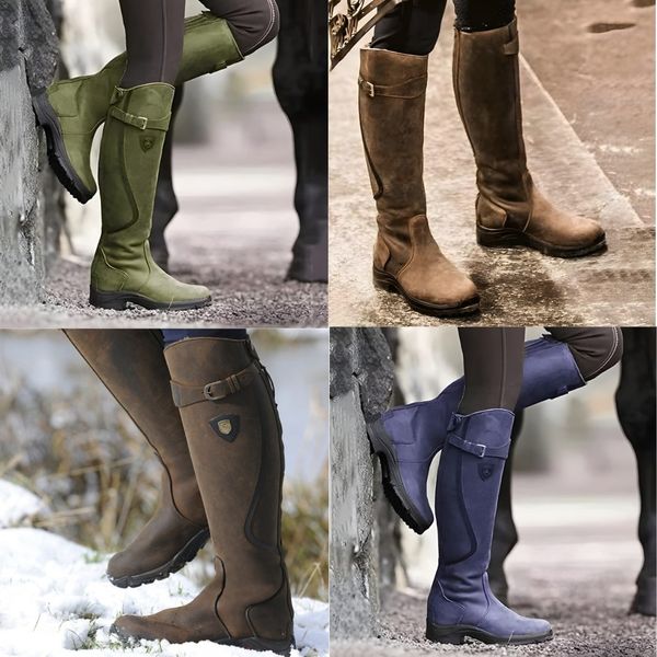 Close-up of side buckle detail on women's orthopedic leather riding boots, winter footwear