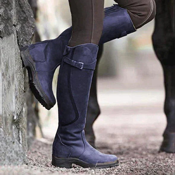Women's comfortable orthopedic leather riding boots paired with jeans, perfect for autumn fashion