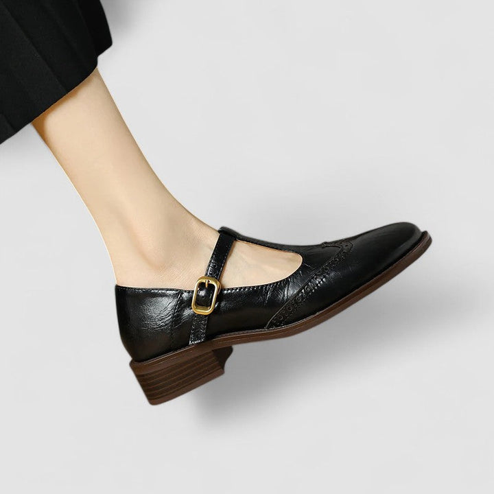 Top-down view of black women's orthopedic Mary Jane flat shoes, everyday style