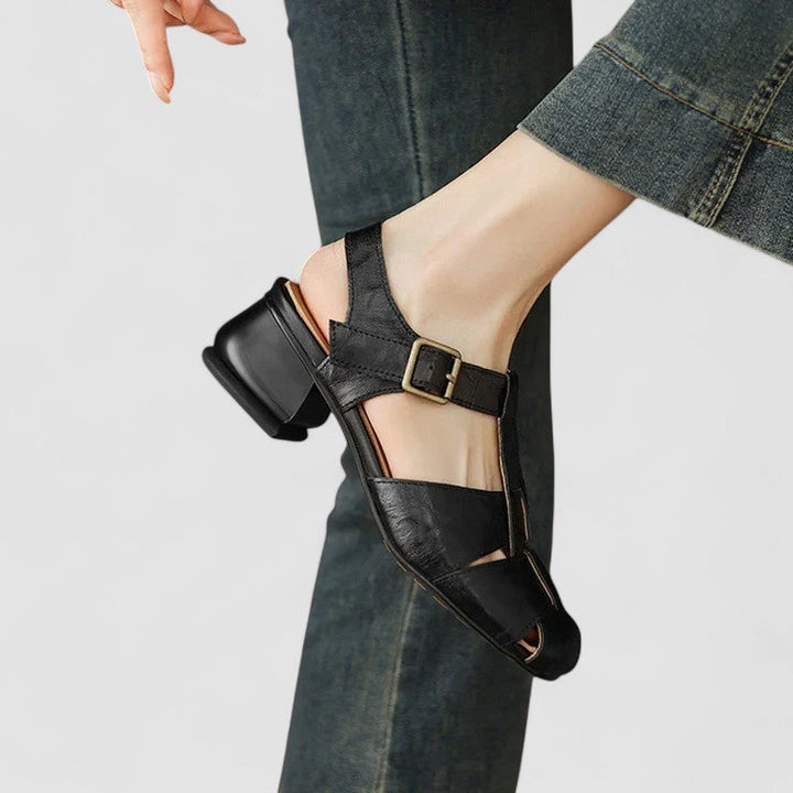 Close-up of women's orthopedic Mary Jane shoes, CL-0680, highlighting adjustable strap and comfort features
