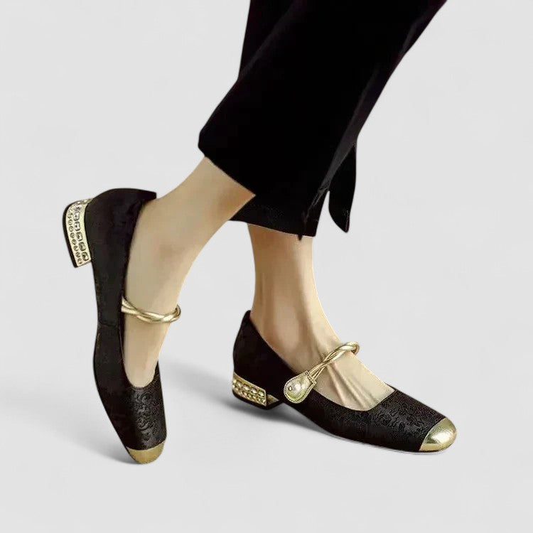 Close-up of a women's orthopedic Mary Jane shoe, showcasing the arch support and low heel design.