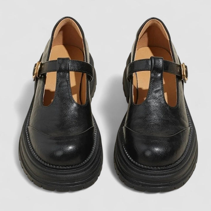 Close-up of a women's orthopedic Mary Jane winter shoe in a rich brown, soft lining, ideal for cold weather