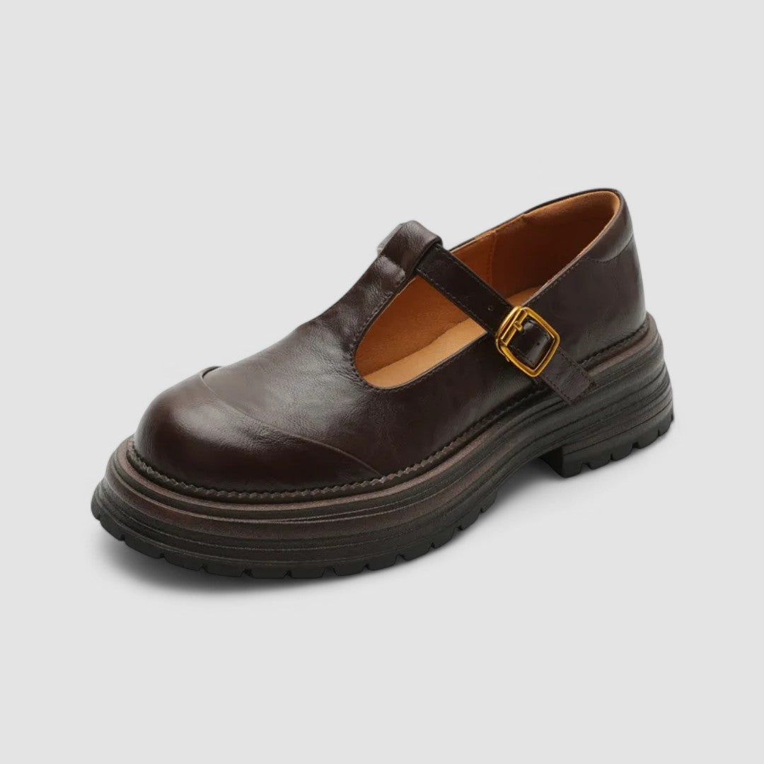 Pair of women's orthopedic Mary Jane winter shoes, emphasizing slip-resistant sole and cozy interior, perfect for winter