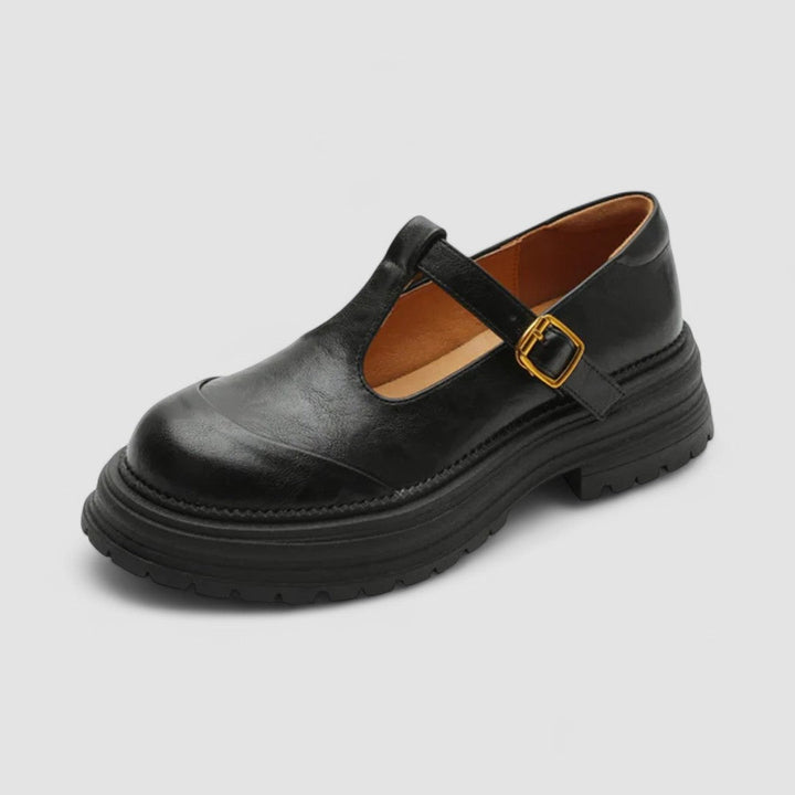 Overhead shot of women's orthopedic Mary Jane winter shoes, showcasing the comfortable design and durable construction