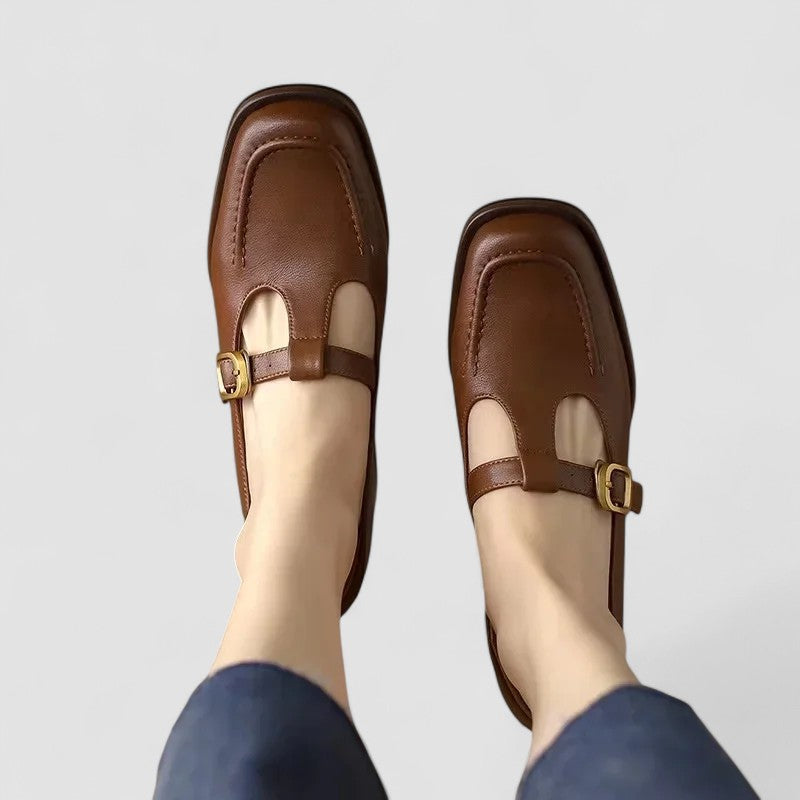 Women's black orthopedic T-strap Mary Jane shoes, comfortable flats for spring summer casual wear