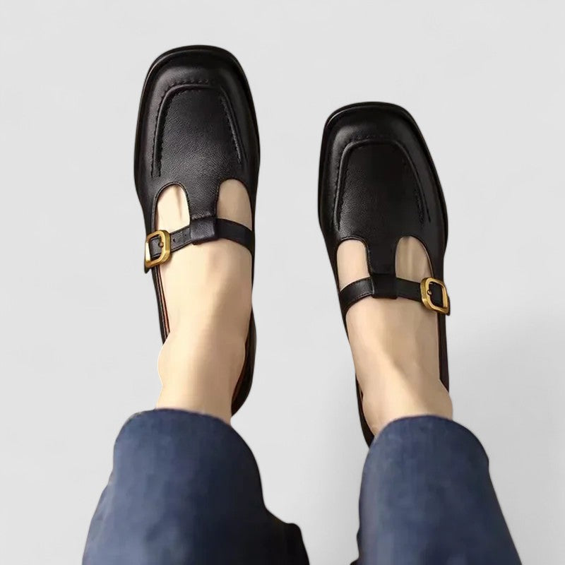 Adjustable black T-strap Mary Jane shoes for women, orthopedic comfort footwear for daily wear