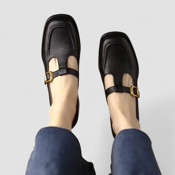 Adjustable black T-strap Mary Jane shoes for women, orthopedic comfort footwear for daily wear