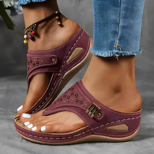 Women's black platform comfort sandals with synthetic upper & cut-out design, side view.