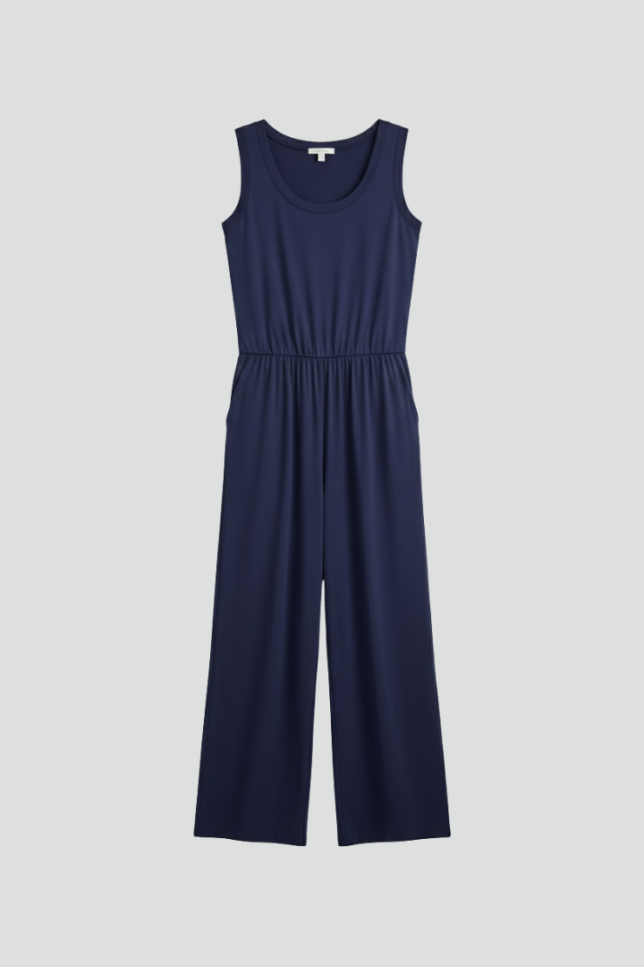 Women's black round neck elastic waist wide leg jumpsuit, full length view, comfortable summer fashion
