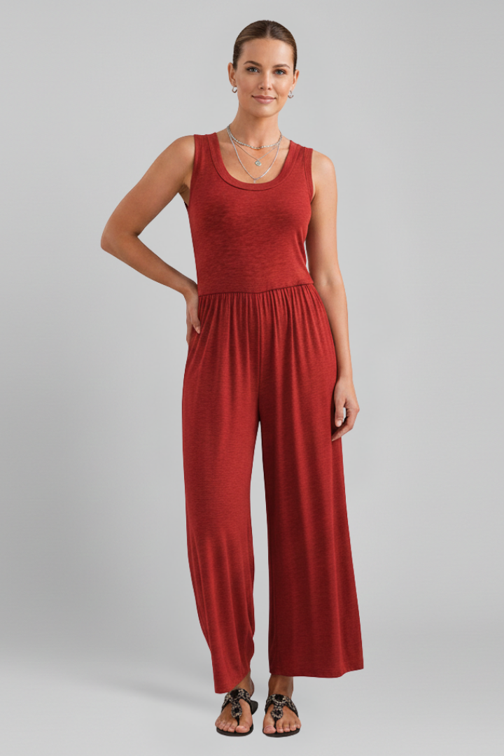 Versatile black round neck elastic waist wide leg jumpsuit, styled for a relaxed summer outing