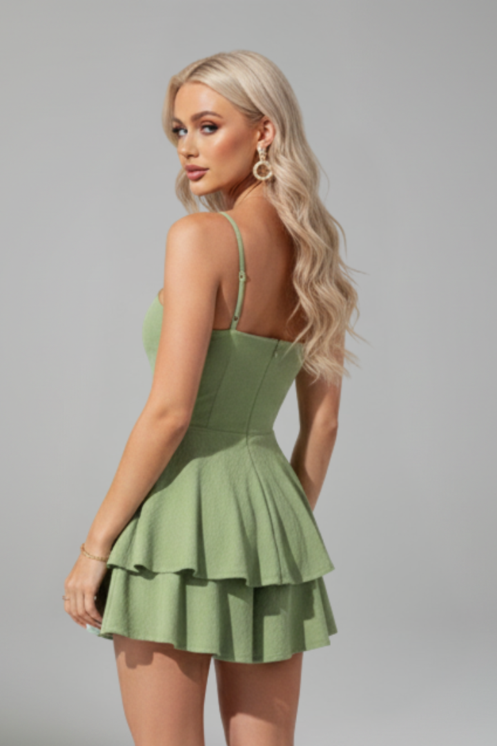 Elegant black women's spaghetti strap mini dress featuring a charming flared skirt