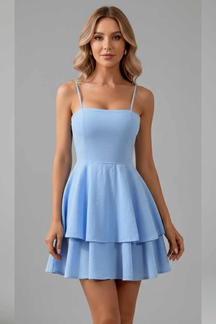 Trendy women's summer dress: black spaghetti strap mini with a playful flared skirt