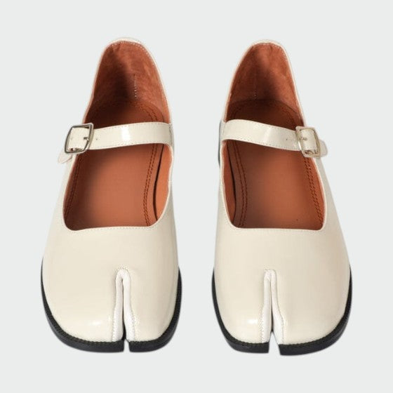 Comfortable women's black split-toe Mary Jane shoes with a low block heel, perfect for everyday wear.