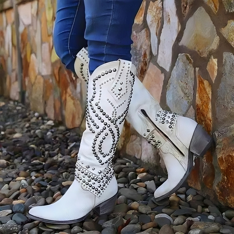 Black women's studded Western cowboy boots, versatile for casual outfits, spring fashion, or summer events.
