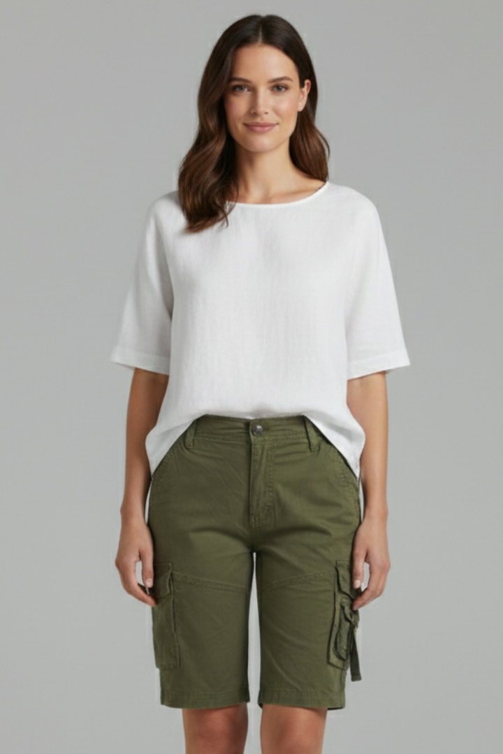 Khaki women's cargo shorts featuring multiple utility pockets, perfect for everyday fashion.