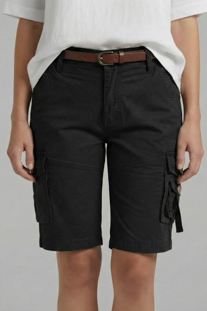 Women's high-waisted cargo shorts with side utility pockets, offering a comfortable summer fit.