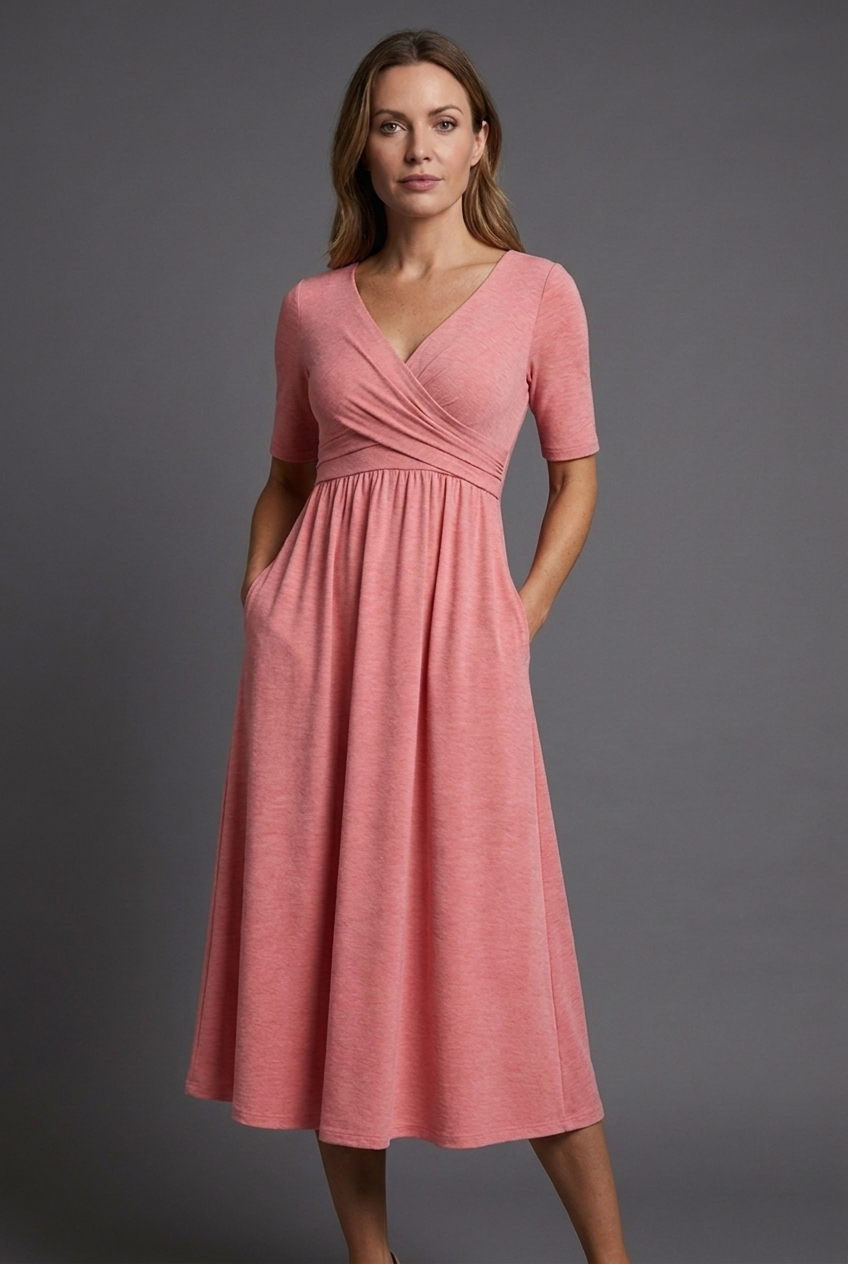 Women's black V-neck wrap midi dress with short sleeves & pockets, perfect for summer casual elegance.