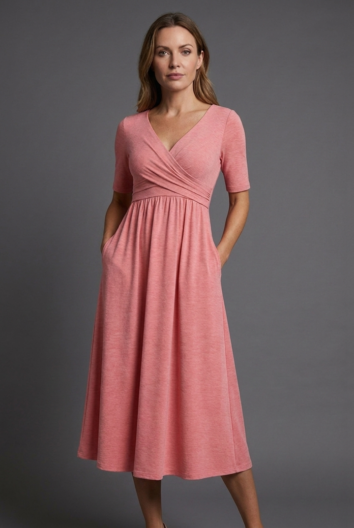 Women's black V-neck wrap midi dress with short sleeves & pockets, perfect for summer casual elegance.