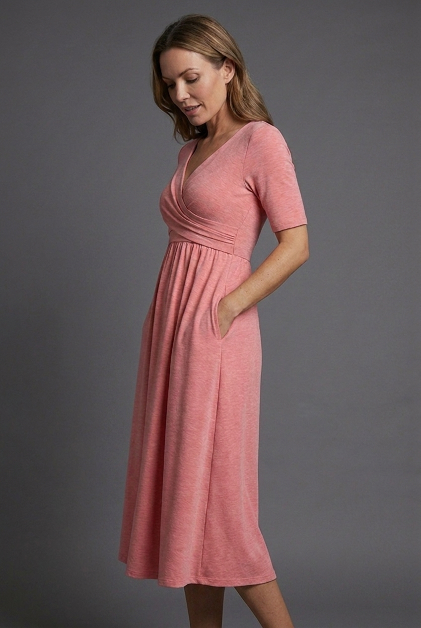 Elegant women's blue V-neck midi wrap dress with short sleeves and pockets, versatile for casual or occasion.