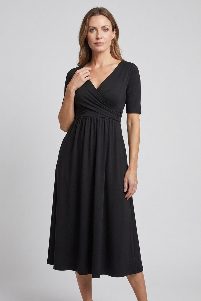 Versatile women's pink V-neck wrap midi summer dress, short sleeves, pockets, elegant for any warm-weather occasion.