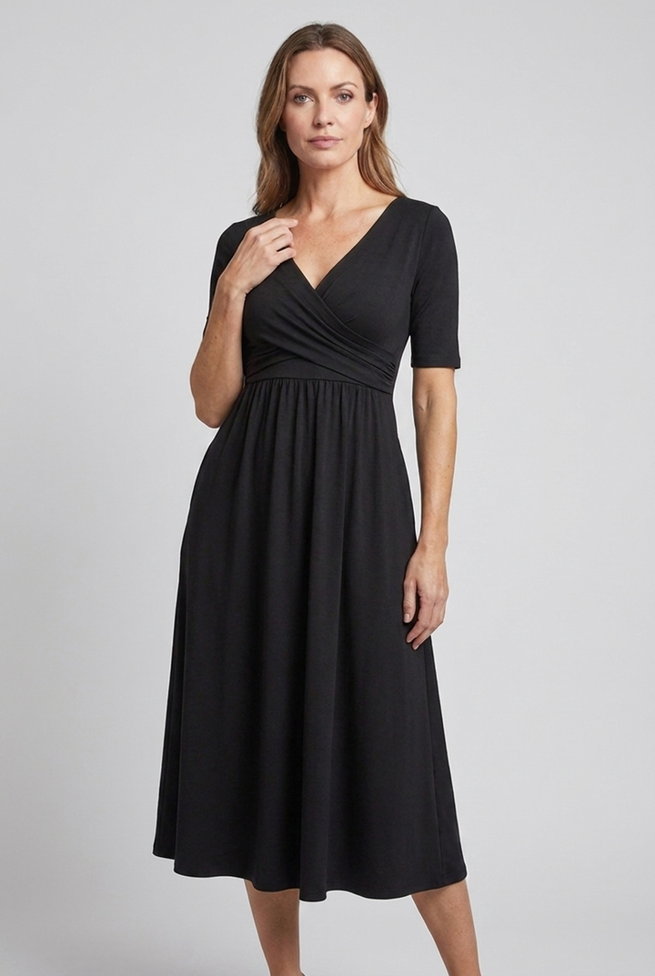 Versatile women's pink V-neck wrap midi summer dress, short sleeves, pockets, elegant for any warm-weather occasion.