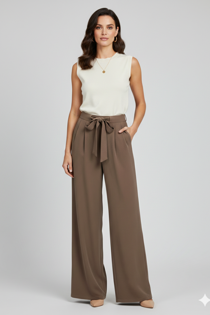 Flowy navy blue wide-leg pants for women, featuring a comfortable drawstring waist, perfect for summer.