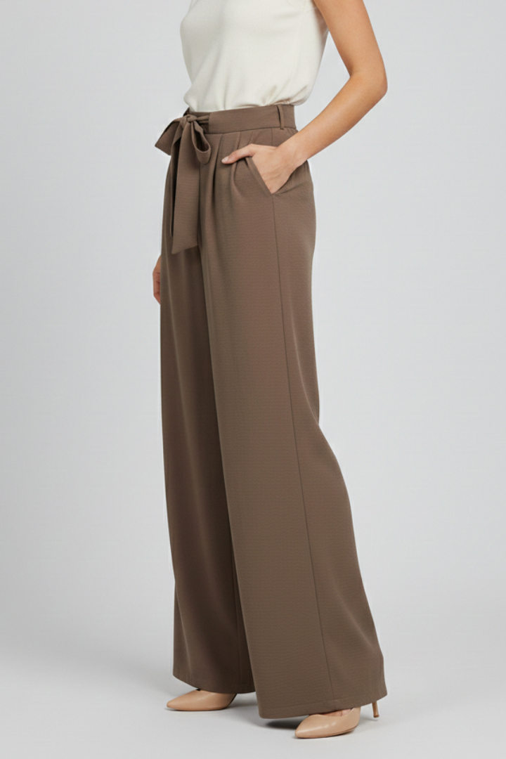 Close-up of the drawstring waist on women's wide-leg palazzo trousers, showcasing the detail.