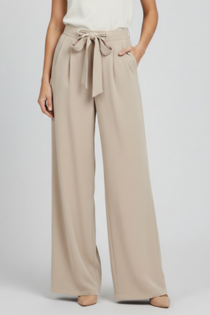 Side view of women's comfortable wide-leg trousers, emphasizing the relaxed fit and flowy fabric.