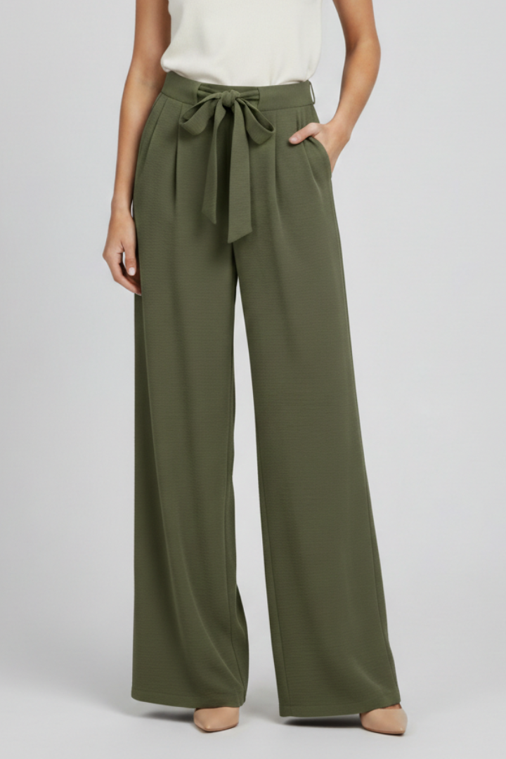 Stylish women's wide-leg pants in a vibrant color, featuring a practical drawstring waist for adjustable fit.