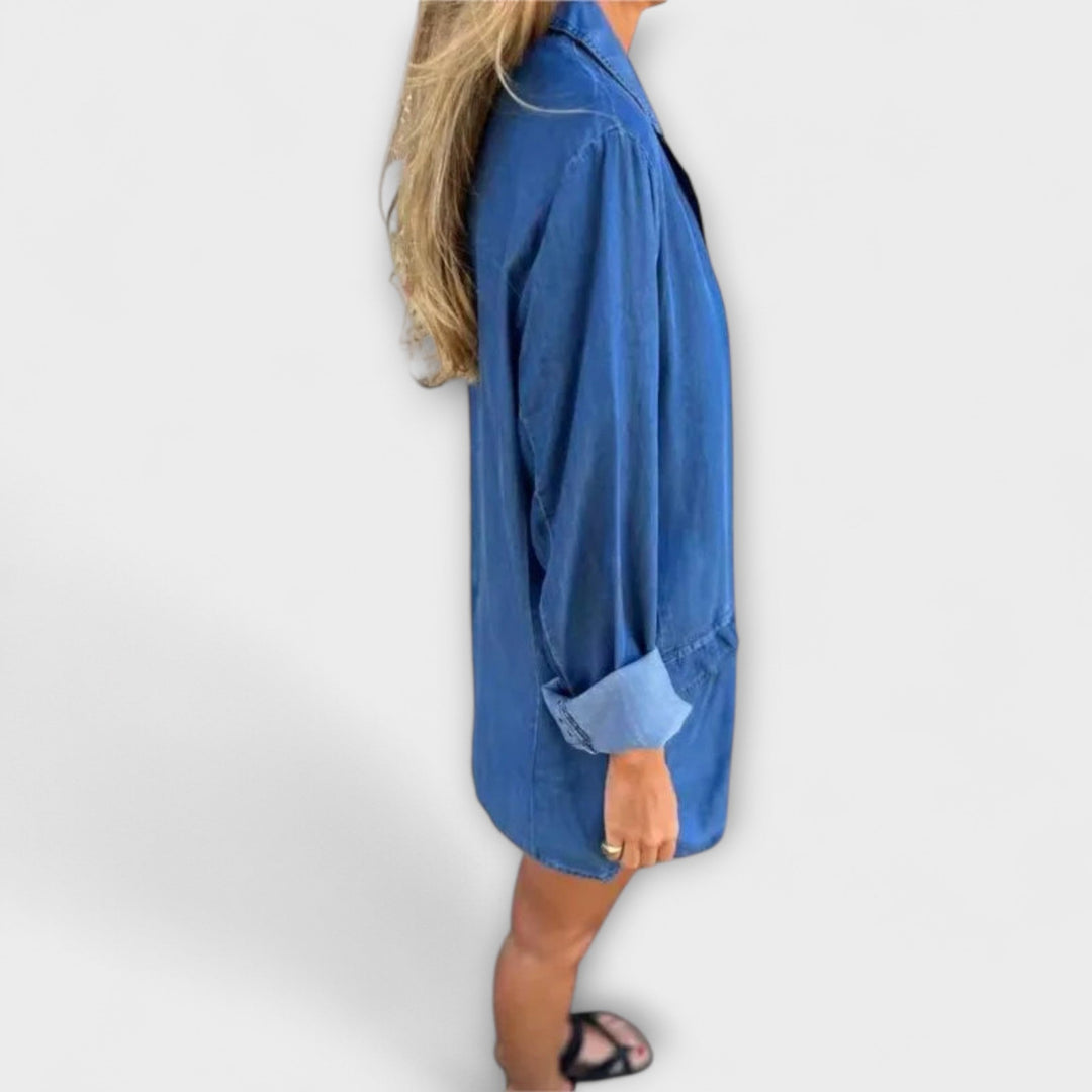 Black denim long sleeve coat for women, versatile outerwear fashion