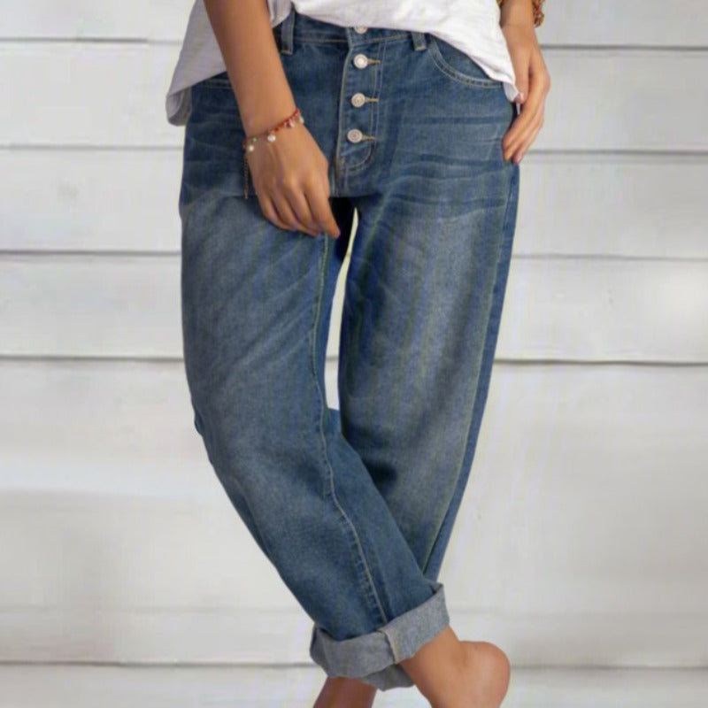 Women's blue relaxed fit boyfriend jeans for comfortable, casual everyday style and effortless fashion.