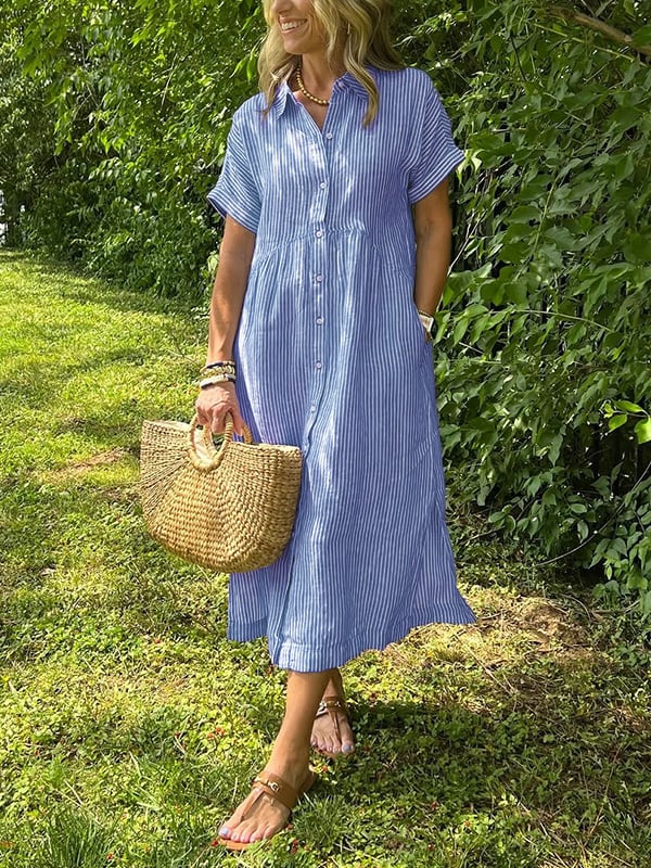 Women's blue & white striped button-front midi dress. Casual, chic, perfect for summer everyday wear.
