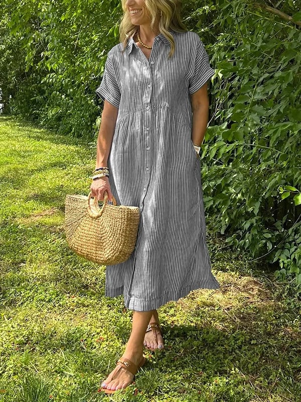 Blue and white striped midi dress for women, designed with a functional button front. Casual and chic.
