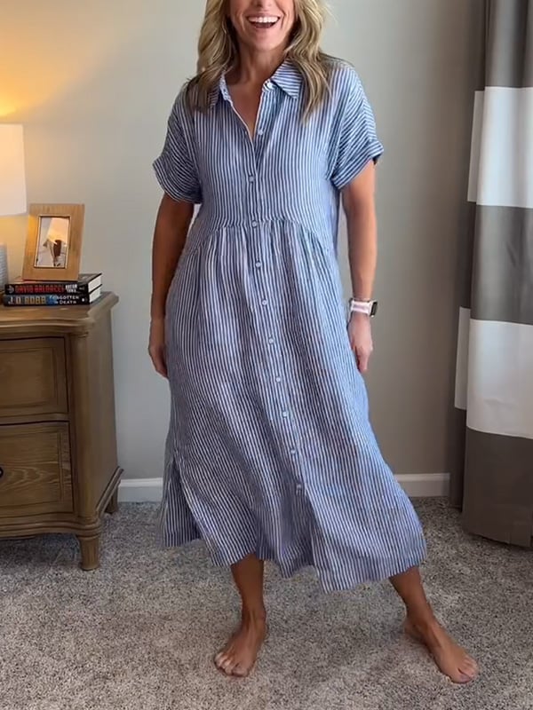 Comfortable women's casual midi dress with elegant stripes and a button front. Great for versatile style.