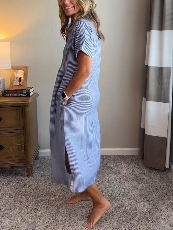 Chic striped button-front midi dress for women, offering a blend of comfort and style. Summer essential.