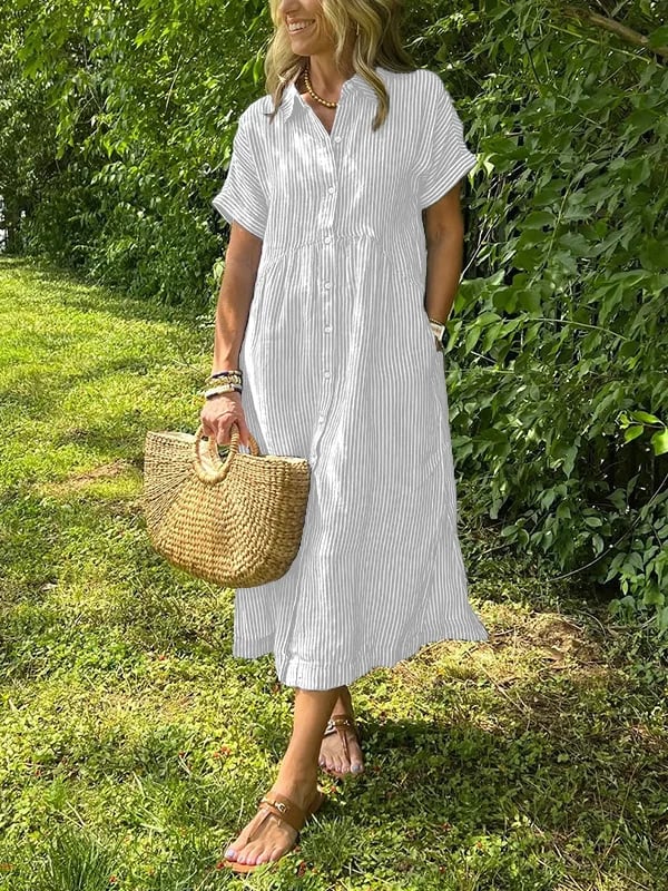 Elegant striped midi dress for women, featuring a stylish button front design. Ideal for summer fashion.