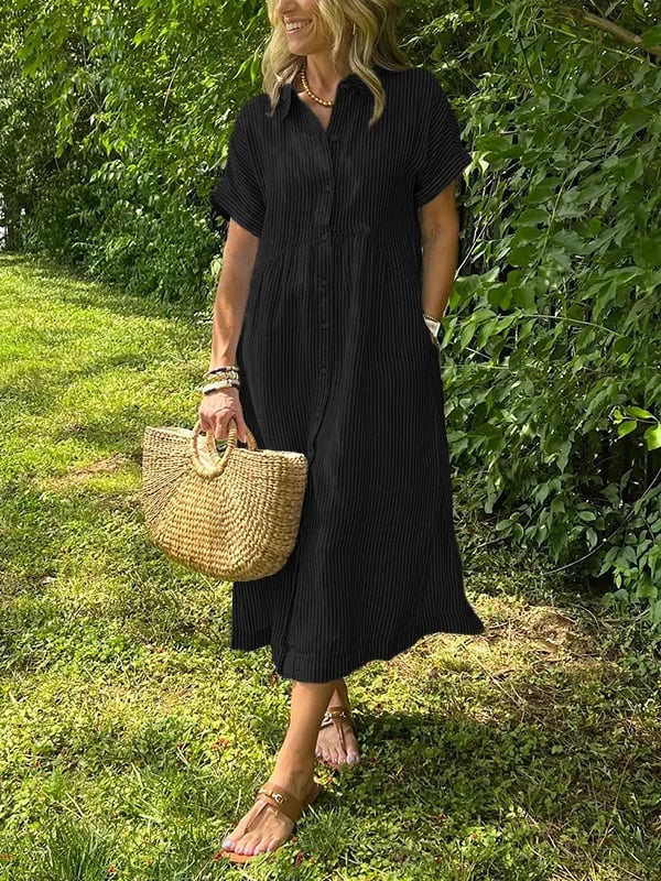 Comfortable & versatile women's casual striped midi dress. Button-front, great for everyday summer wear.