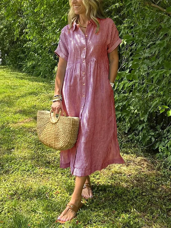 Chic blue and white striped button-front midi dress for women. A must-have for versatile summer style.