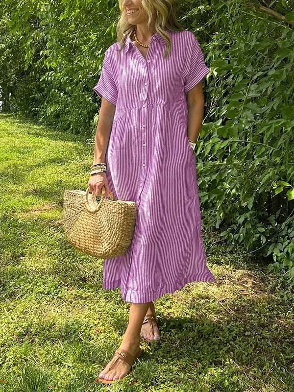 Versatile women's button-front midi dress, blue & white stripes. Comfortable for daily wear, summer fashion.