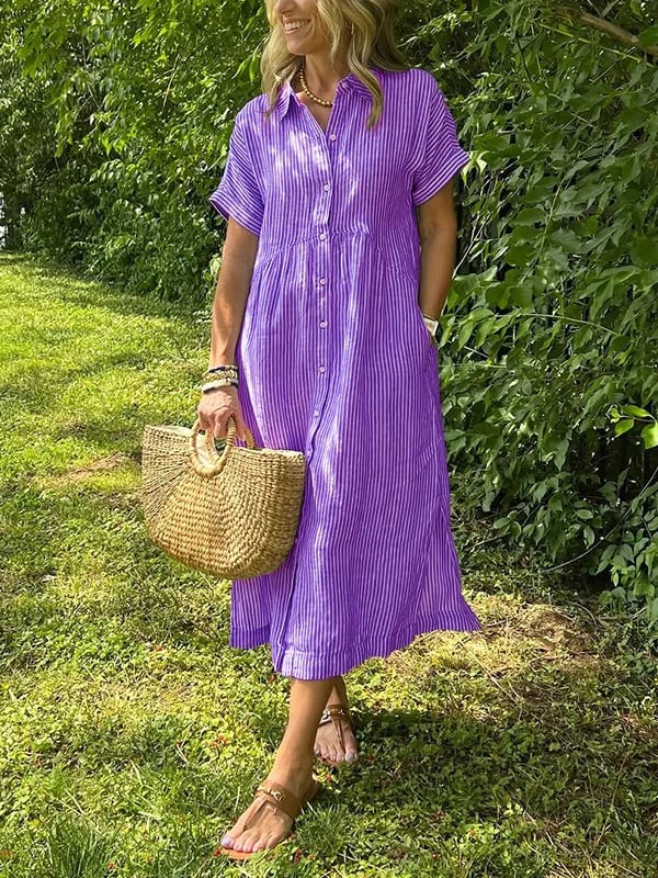 Casual yet chic striped midi dress for women, with an attractive button-front. Ideal for warm weather.