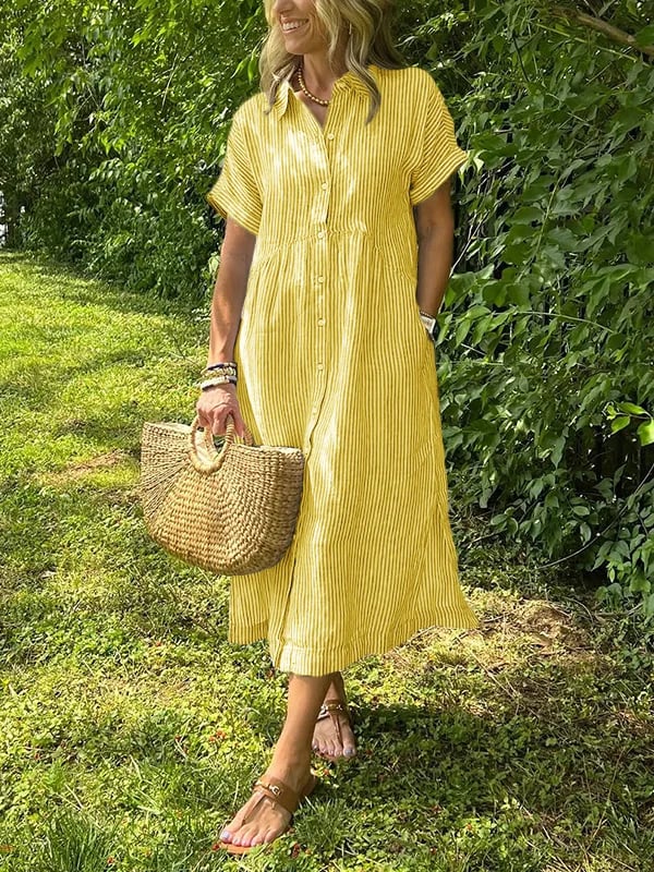 Stylish women's striped button-front midi dress in blue hues. Elegant & comfortable for summer outings.