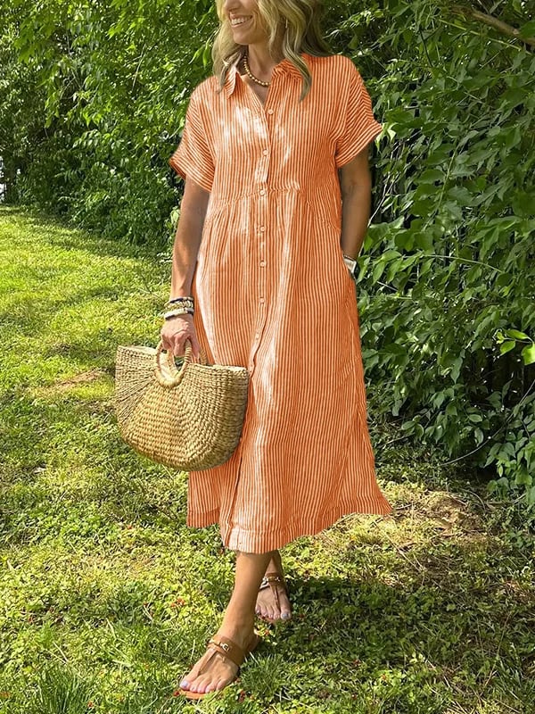 Everyday wear women's striped midi dress, featuring a classic button front. Perfect casual summer outfit.