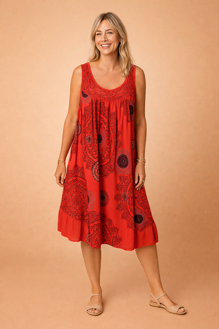 Relaxed fit sleeveless bohemian midi dress for women, offering comfortable summer looks.